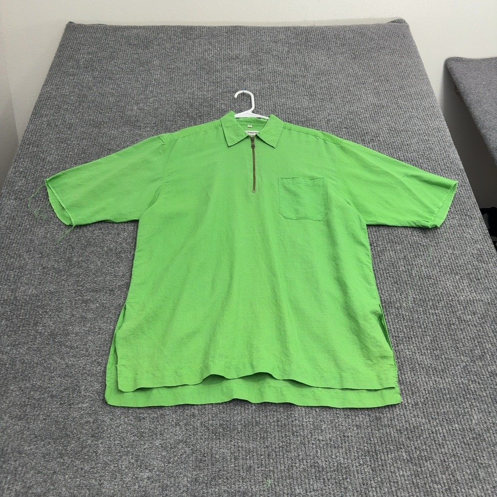 Vintage Tom Tailor Shirt Men M Green Linen Quarter Zip Short Sleeve Casual Retro